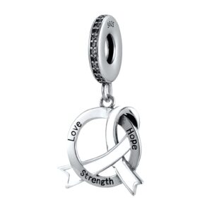 Cancer Ribbon Love Hope Strength 925 Sterling Silver Charms Beads Pendants for Pandora Bracelets & Necklaces Etc