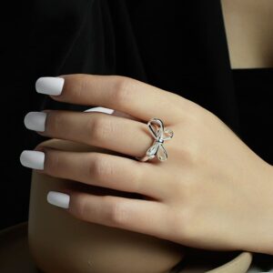 Chic 3D Bow Knot Open Statement Rings 925 Sterling Silver for Women Minimalist Butterfly Knot Promise Engagement Eternity Ring Finger Band Adjustable Cute Jewelry