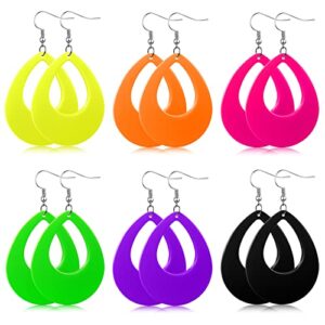 Yinkin 6 Pairs 80s 90s Neon Earrings for Women Retro Neon Earring for 80s 90s Women Outfit Accessories, 6 Colors(Teardrop)