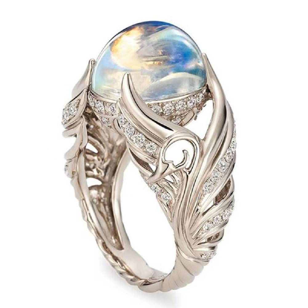 SSZUKOOU Unique 925 Sterling Silver Floral Ring Angel Wings Wedding Band Charming Moonstone Diamond Jewelry Casual Accessory Engagement Rings (US 8)