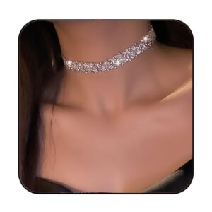 JEAIRTS Rhinestone Choker Necklace Silver Full Crystals Necklaces Sparkly Necklace Chain Jewerly Fashion Party Accessories for Women