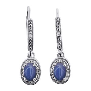 Rylos Sterling Silver Dangling Earrings - 6X4MM Oval Blue Star Sapphire & Sparkling Diamonds - Exquisite Birthstone Jewelry