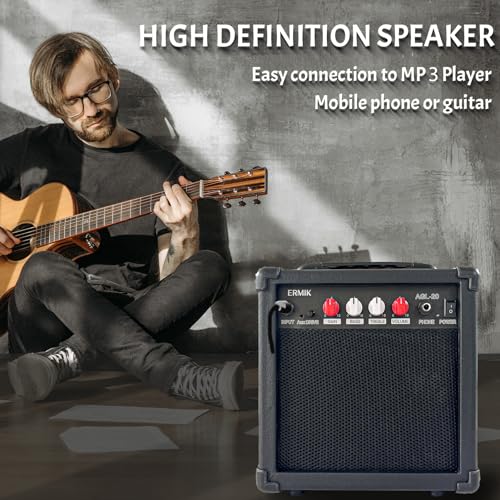 Ermik Electric Guitar Amp 20W Electric Guitar Amplifier Built in Speaker Headphone Jack Input and Aux JackDrive Button 4 Knobs Gain Bass Treble and Volume, Portable - Black (20W)