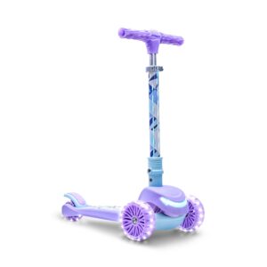 jetson disney frozen 3-wheel kick kids scooter, led lights on stem, light-up wheels, height-adjustable handlebar, lean-to-steer system, easy-folding mechanism, ages 3+, purple, jfrzn-3kik