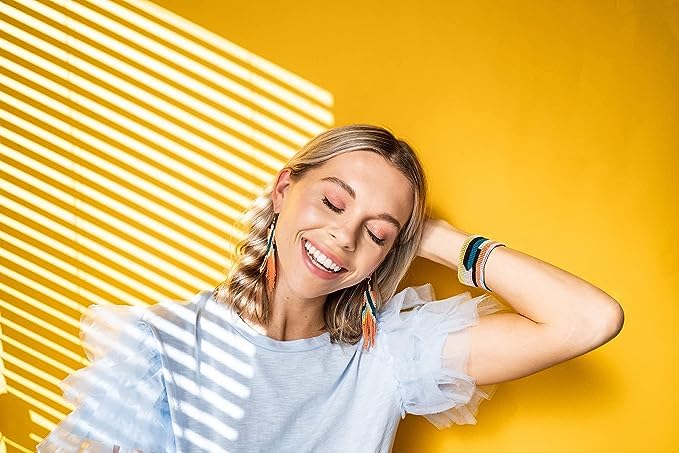 INK + ALLOY Women's Pink Peacock Yellow Horizontal Stripe Stretch Beaded Cuff Bracelet Handmade Jewelry for the Modern Bohemian