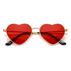 polarized heart shaped sunglasses for women, vintage fashion cute lovely sun glasses metal frame uv400 protection(gold/red)