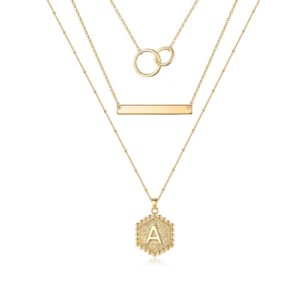 layered necklaces for women, handmade 14k gold plated cute bar necklace layering infinity circles hexagon a letter initial necklace layered gold necklaces for women gold necklace for women (a)