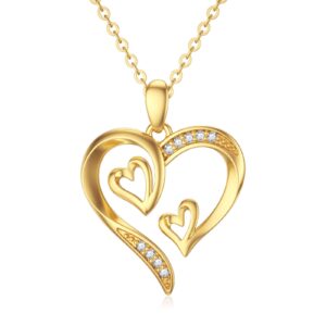 sisgem 14k real gold heart necklace for women,yellow gold love pendant necklace triple hearts jewerly gifts for birthday anniversary 16+1+1 inch