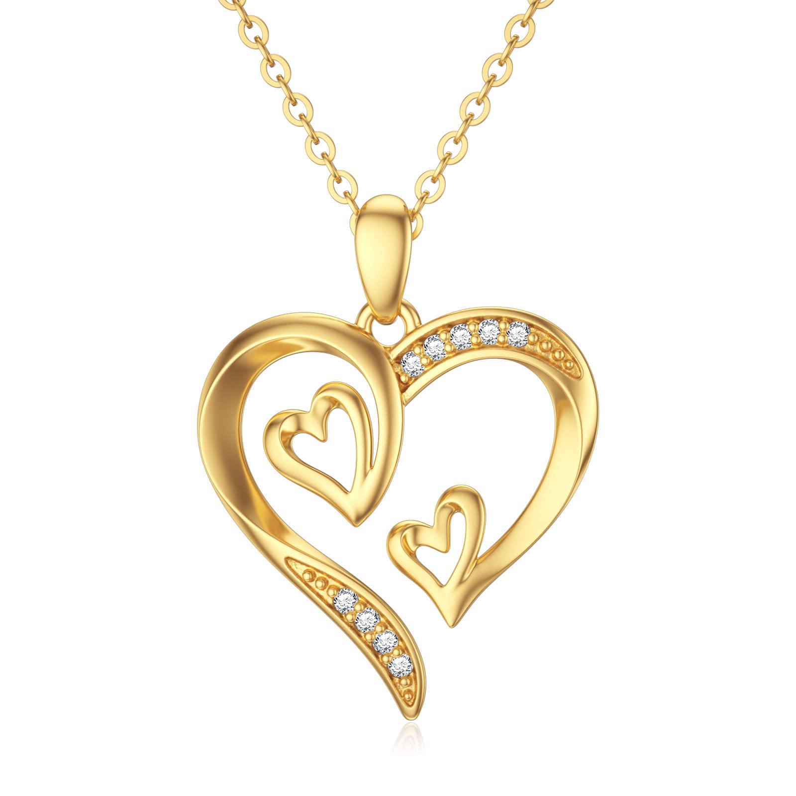 SISGEM 14K Real Gold Heart Necklace for Women,Yellow Gold Love Pendant Necklace Triple Hearts Jewerly Gifts for Birthday Anniversary 16+1+1 inch