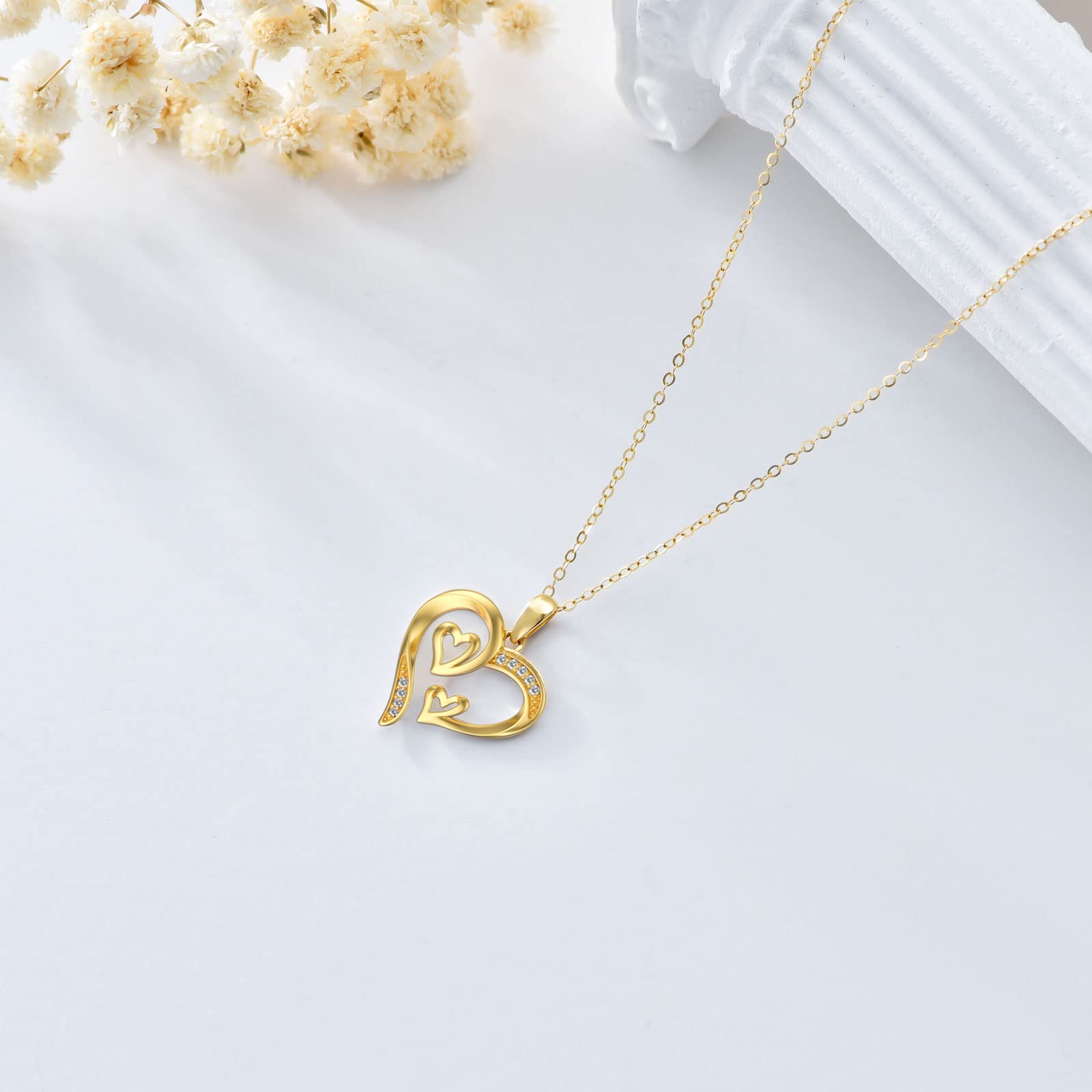 SISGEM 14K Real Gold Heart Necklace for Women,Yellow Gold Love Pendant Necklace Triple Hearts Jewerly Gifts for Birthday Anniversary 16+1+1 inch