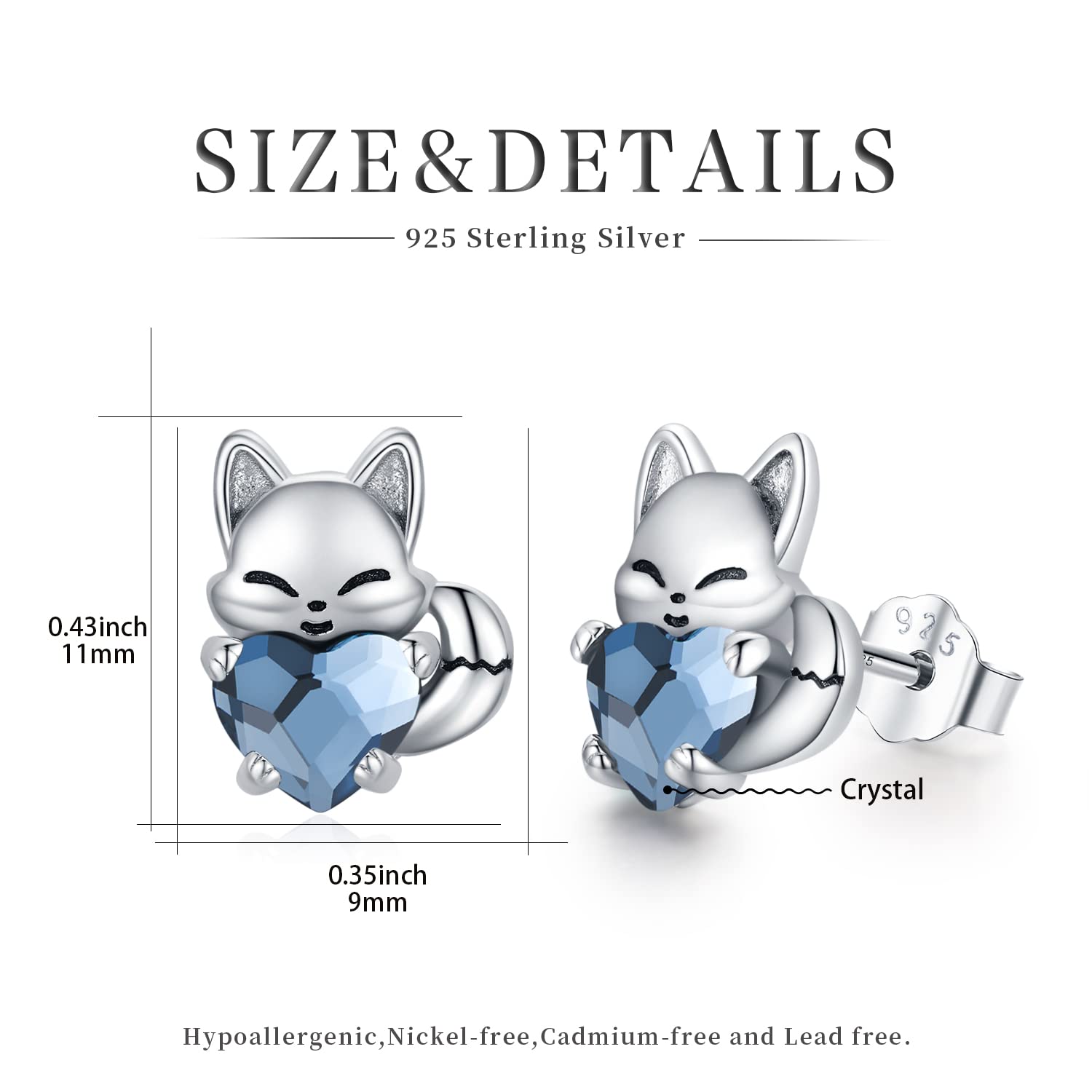 Fox Earrings Sterling Silver Cute Animal Crystal Earrings Hypoallergenic Studs Earrings for Sensitive Ears Fox Jewelry Gifts for Women Girls