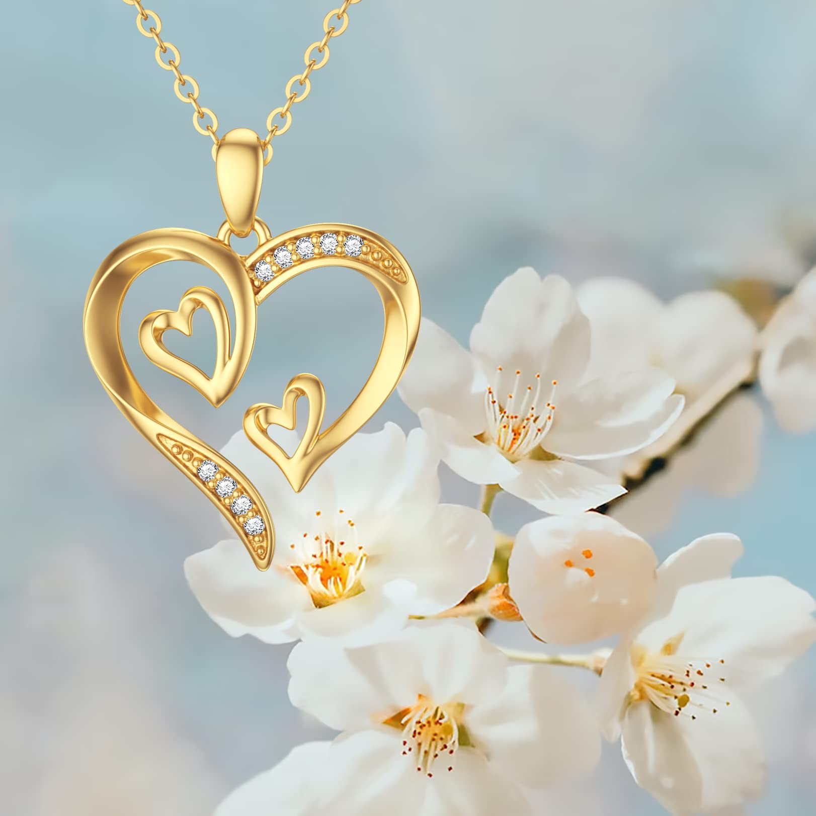 SISGEM 14K Real Gold Heart Necklace for Women,Yellow Gold Love Pendant Necklace Triple Hearts Jewerly Gifts for Birthday Anniversary 16+1+1 inch