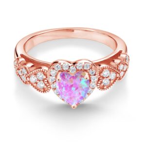 Gem Stone King 18K Rose Gold Plated Silver Ring Heart Shape Simulated Opal and Moissanite (0.93 Cttw) (Size 6)