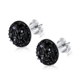 black earrings for women, 925 sterling silver black stud earrings round faux druzy earrings hypoallergenic for women men (12mm, black)