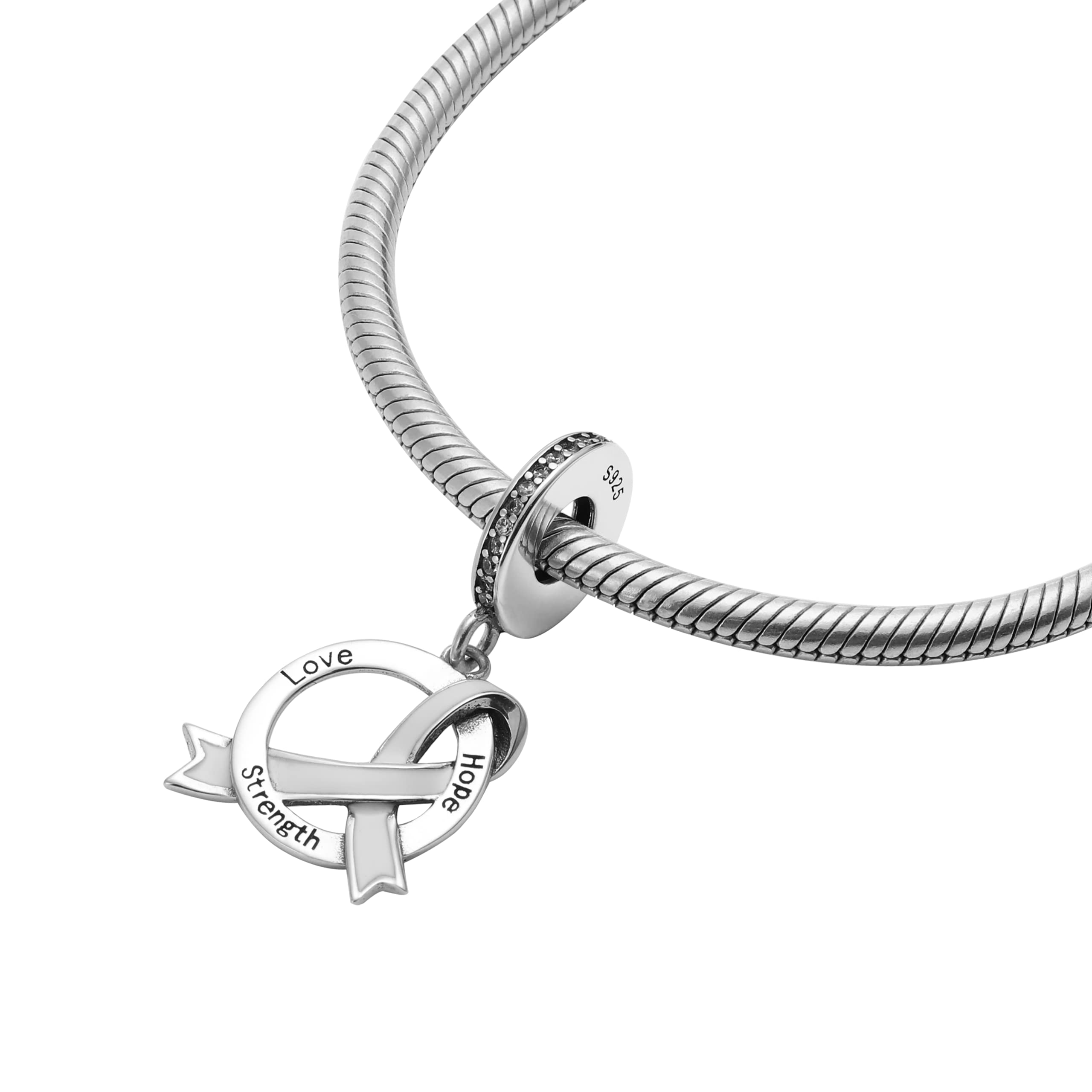 Cancer Ribbon Love Hope Strength 925 Sterling Silver Charms Beads Pendants for Pandora Bracelets & Necklaces Etc