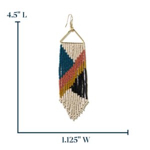 INK+ALLOY Women's Peacock Rust Citron Fringe on Brass Triangle Seed Bead Dangle Earrings Handmade Jewelry for the Modern Bohemian, 4.5-Inches