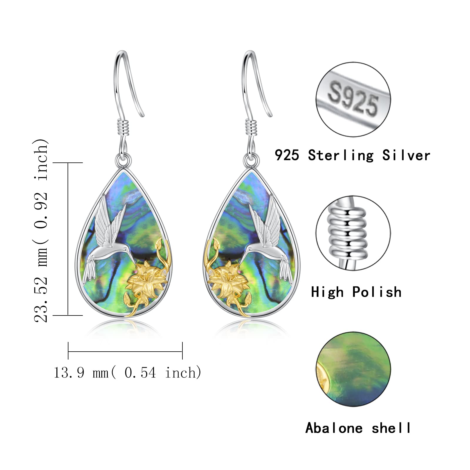 Sterling Silver Teardrop Abalone Earrings for Women Hummingbird/Dragonfly/Tree of Life Drop Dangle Earrings Mother'S Day Christmas Jewelry Gifts (Hummingbird)