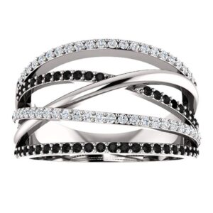 SSZUKOOU 925 Silver Jewelry Black & White Sapphire Two Tone Black and White Pave Cubic Zirconia CZ Criss-Cross Crystal Belt Design Band Ring Eternity Wedding Bridal Jewelry Gifts Women (US 7)