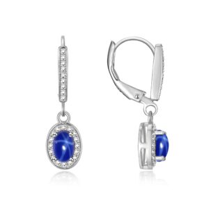 Rylos Sterling Silver Dangling Earrings - 6X4MM Oval Blue Star Sapphire & Sparkling Diamonds - Exquisite Birthstone Jewelry