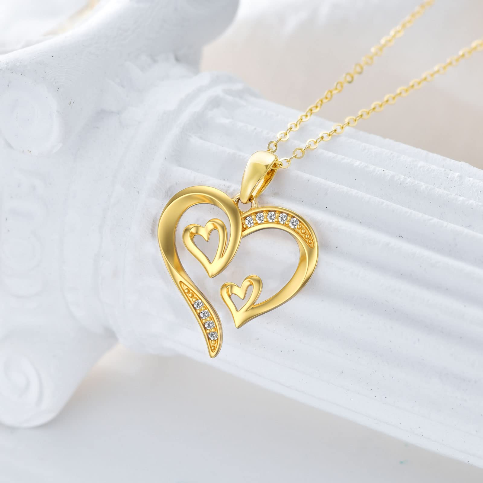 SISGEM 14K Real Gold Heart Necklace for Women,Yellow Gold Love Pendant Necklace Triple Hearts Jewerly Gifts for Birthday Anniversary 16+1+1 inch