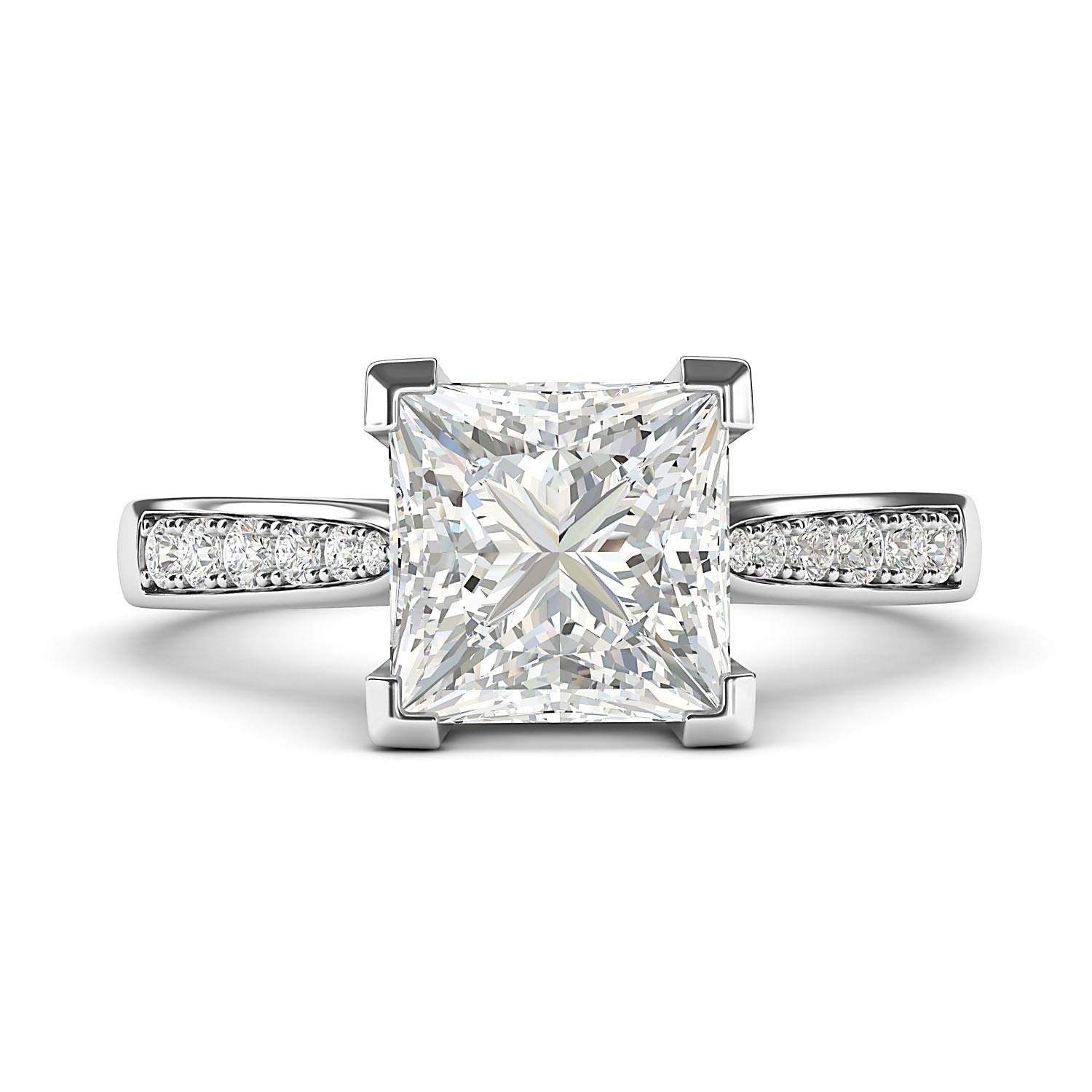 Sterling Silver Solitaire 1.5ct Princess Cut Genuine Moissanite Engagement Ring with Side Stones Promise Bridal Ring (6.5)