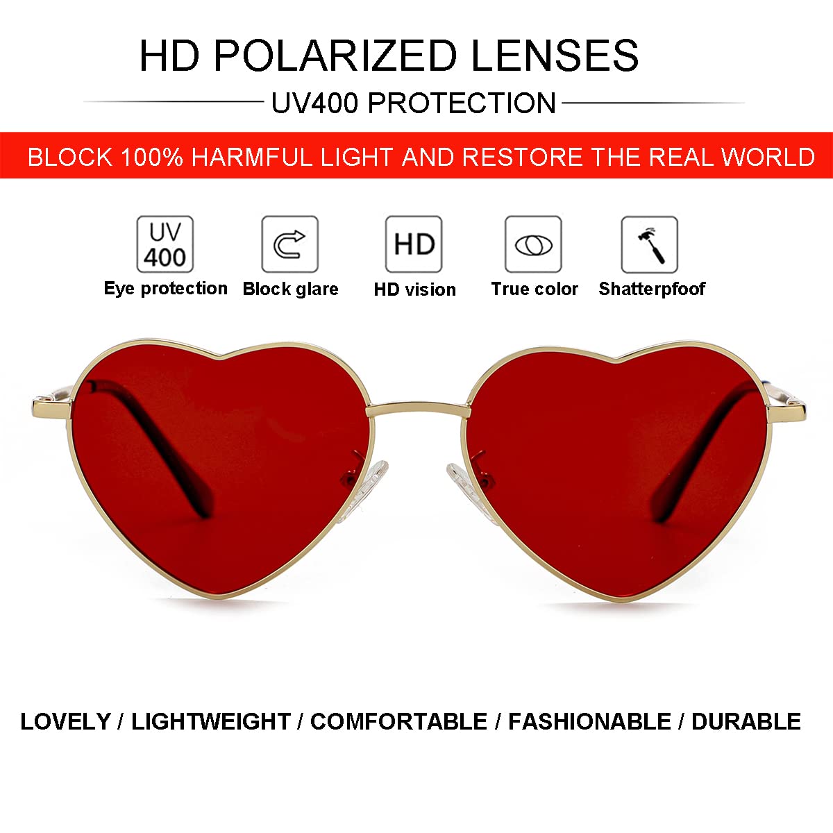 Polarized Heart Shaped Sunglasses for Women, Vintage Fashion Cute Lovely Sun Glasses Metal Frame UV400 Protection(Gold/Red)