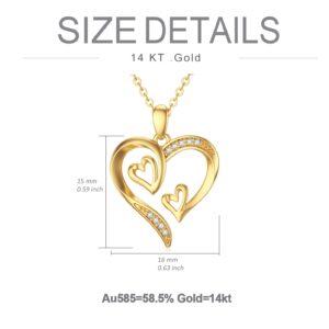 SISGEM 14K Real Gold Heart Necklace for Women,Yellow Gold Love Pendant Necklace Triple Hearts Jewerly Gifts for Birthday Anniversary 16+1+1 inch