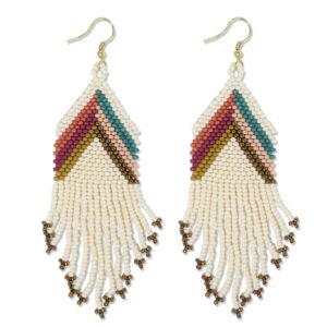 ink+alloy women's fringe seed bead dangle earrings handmade jewelry for the modern bohemian (ivory gold muted chevron)