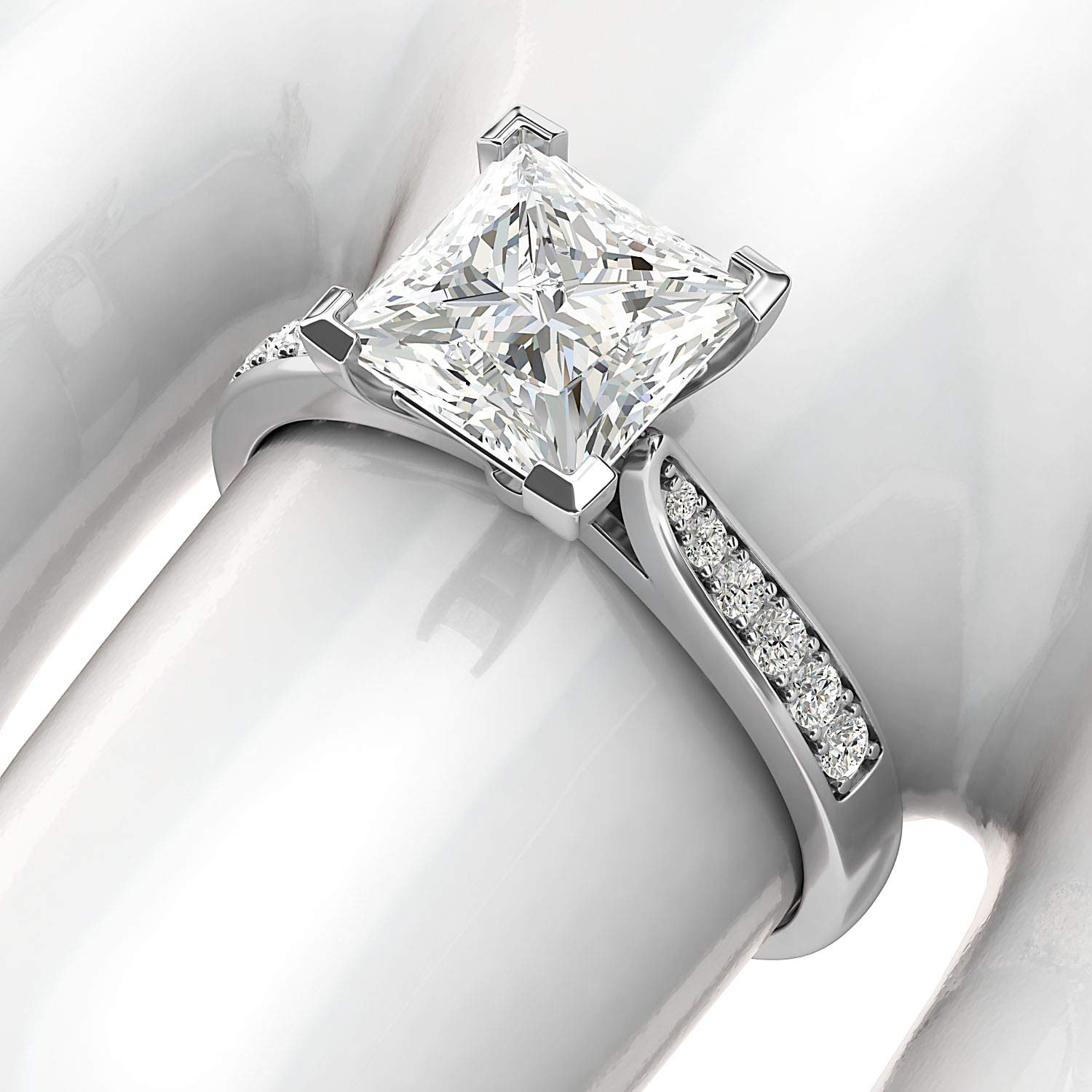 10k White Gold Solitaire 1.5ct Princess Cut Genuine Moissanite Engagement Ring with Side Stones Promise Bridal Ring (7.5)