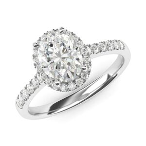 10k White Gold Oval Cut Genuine Moissanite Halo Engagement Ring with Side Stones Promise Bridal Ring (5.5)