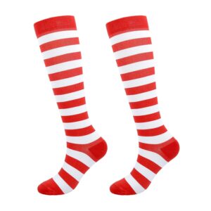 junely compression socks for women striped knee high stockings for christmas halloween running nurses work support pregnancy travel gifts red white