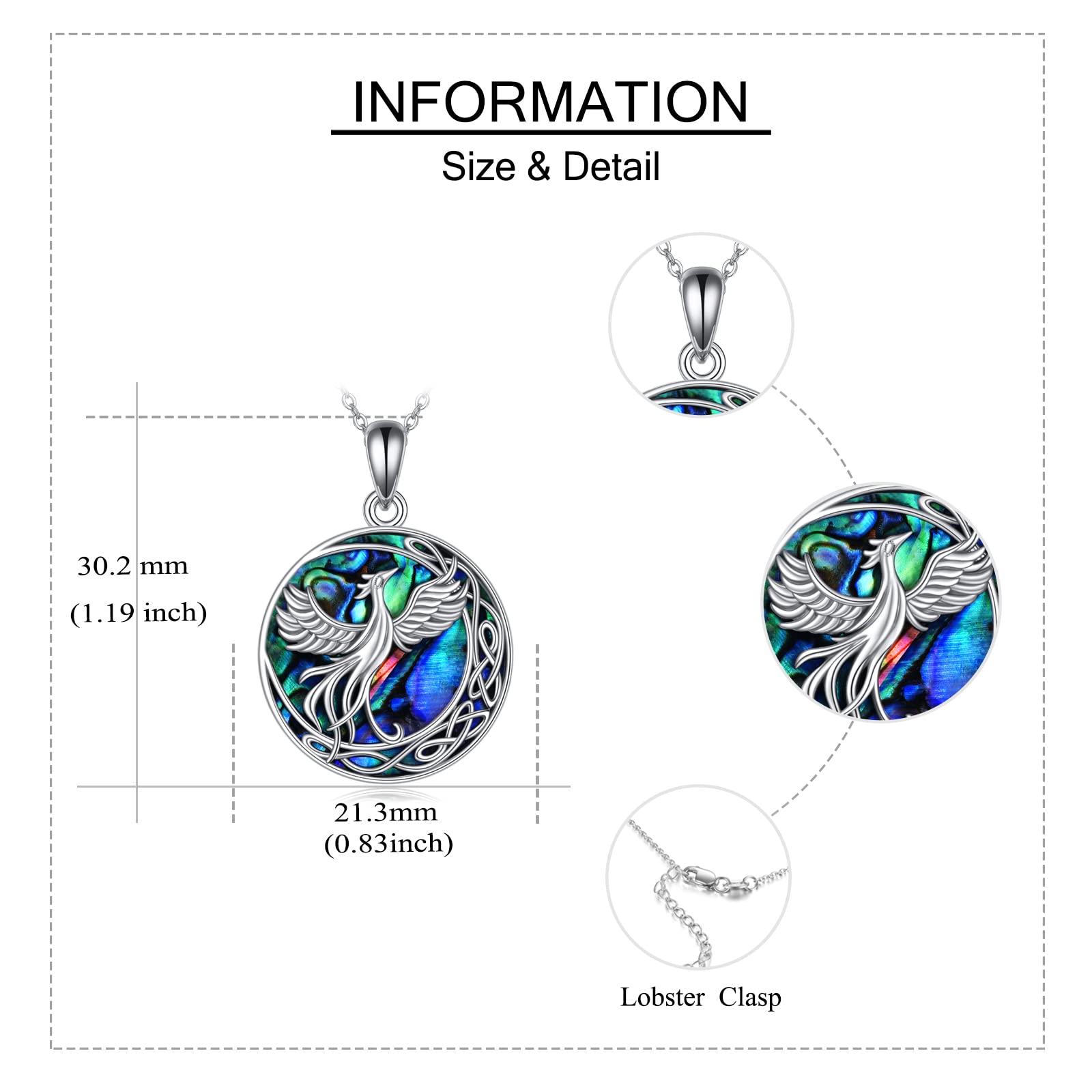 ONEFINITY Celtic Phoenix Jewelry Gifts Sterling Silver Moon Phoenix Necklace Abalone Shell Nirvana of Phoenix Pendant for Women