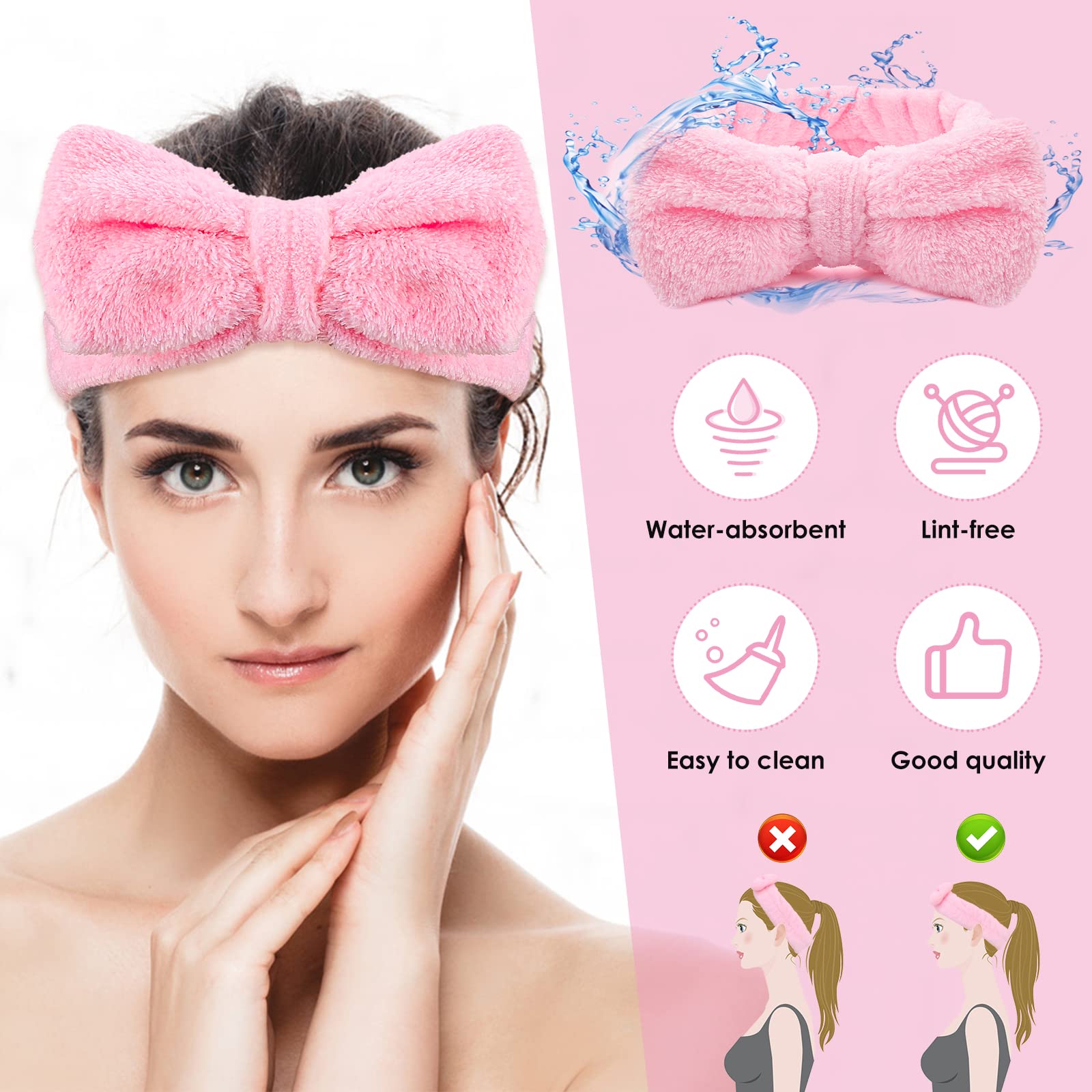 Molain Bowknot Hairband for Women, Coral Fleece Elastic Headband for Washing Face Shower Sports Beauty Skincare (Pink, 1 Count)