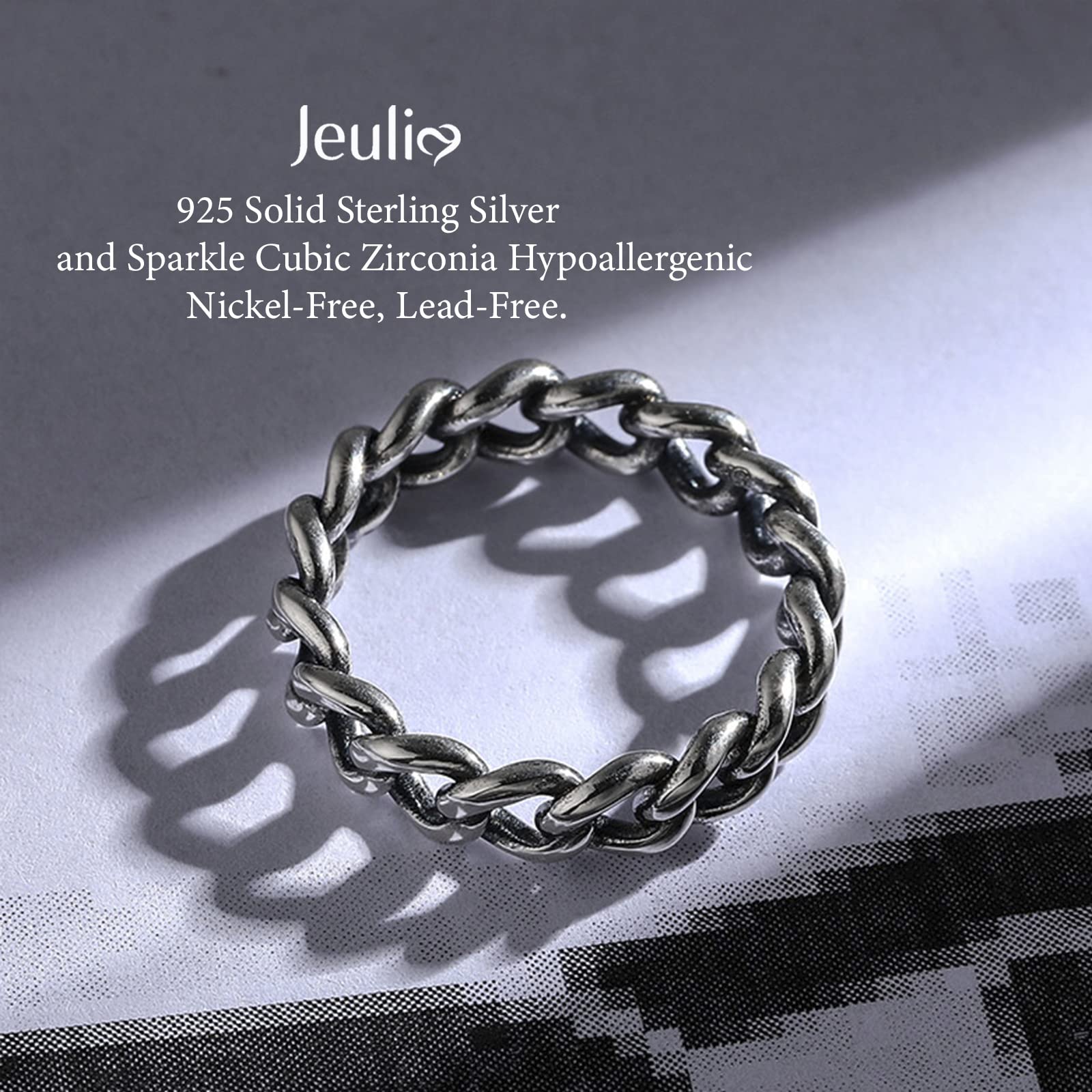 Jeulia Cuban Link Chain Band Rings Sterling Silver Knotted Curb Rings for Men Womens Wedding Jewelry Engagement Anniversary with Gift Box (Link Chain, 7)