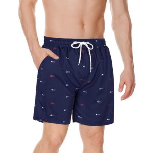 American Trends Mens Beach Short Summer Water Swimsuit for Men Swim Shorts with Compression Liner Bathing Suit Navy Blue Fish Bone XL