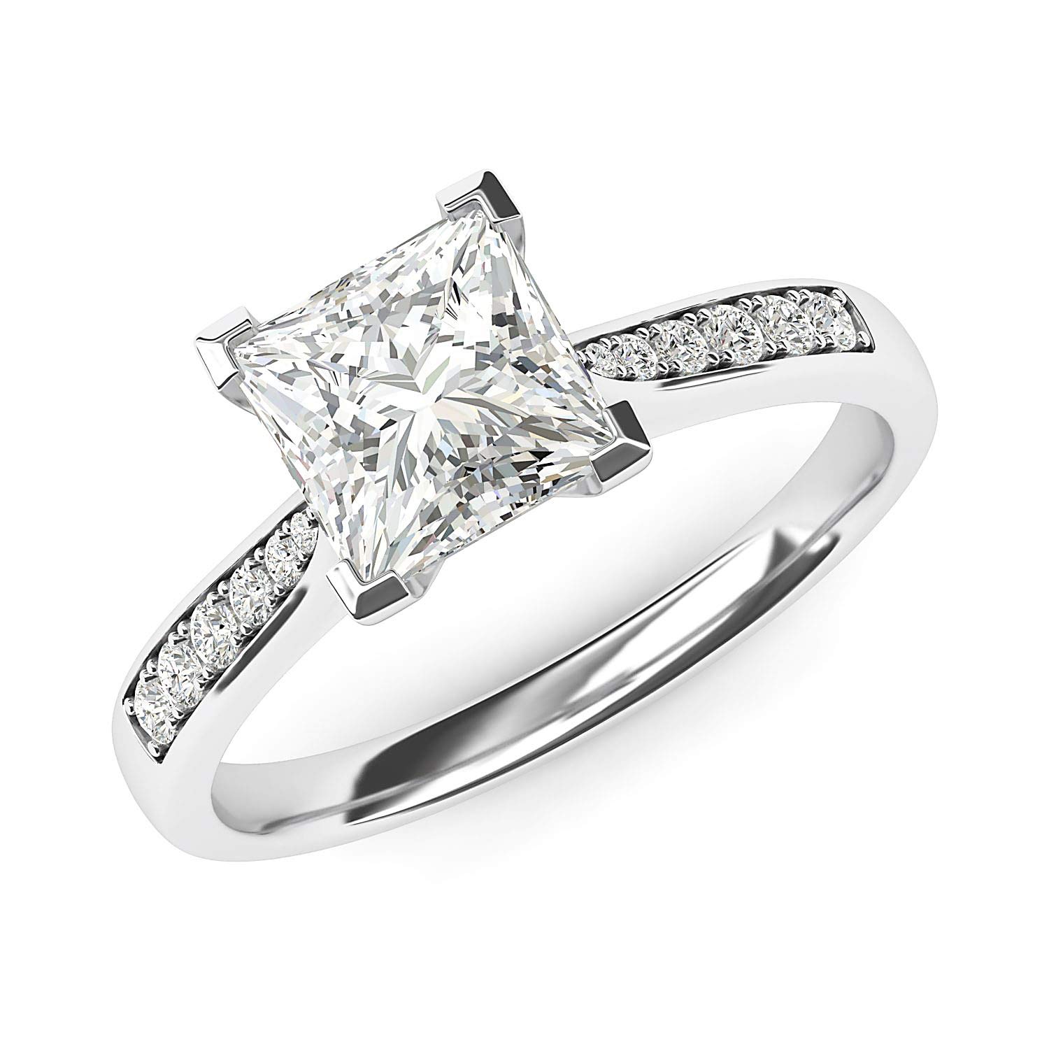 Sterling Silver Solitaire 1.5ct Princess Cut Genuine Moissanite Engagement Ring with Side Stones Promise Bridal Ring (6.5)