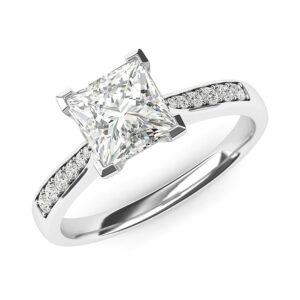 10k White Gold Solitaire 1.5ct Princess Cut Genuine Moissanite Engagement Ring with Side Stones Promise Bridal Ring (6.5)