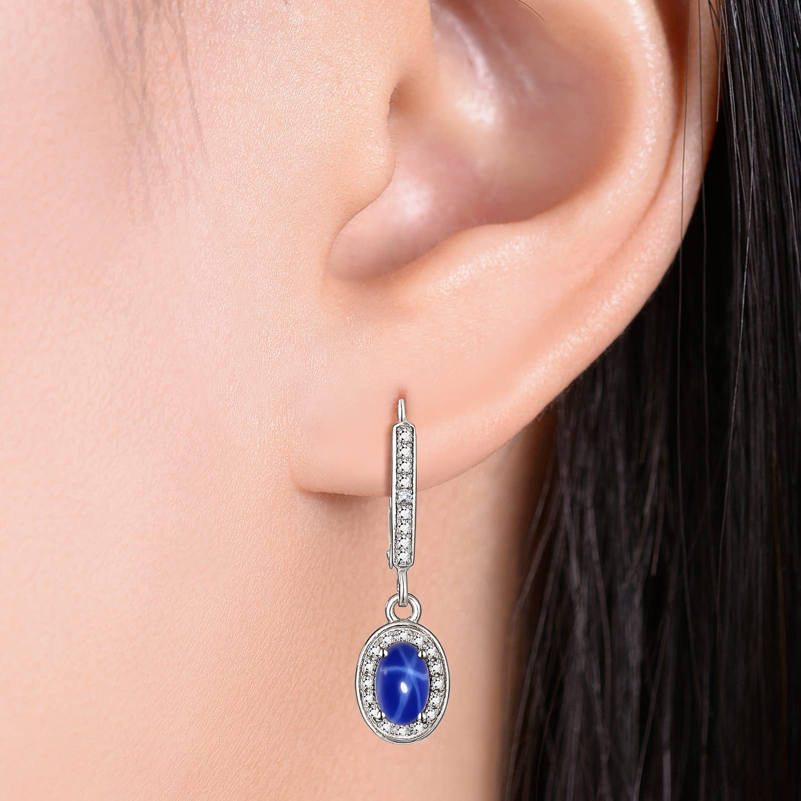 Rylos Sterling Silver Dangling Earrings - 6X4MM Oval Blue Star Sapphire & Sparkling Diamonds - Exquisite Birthstone Jewelry