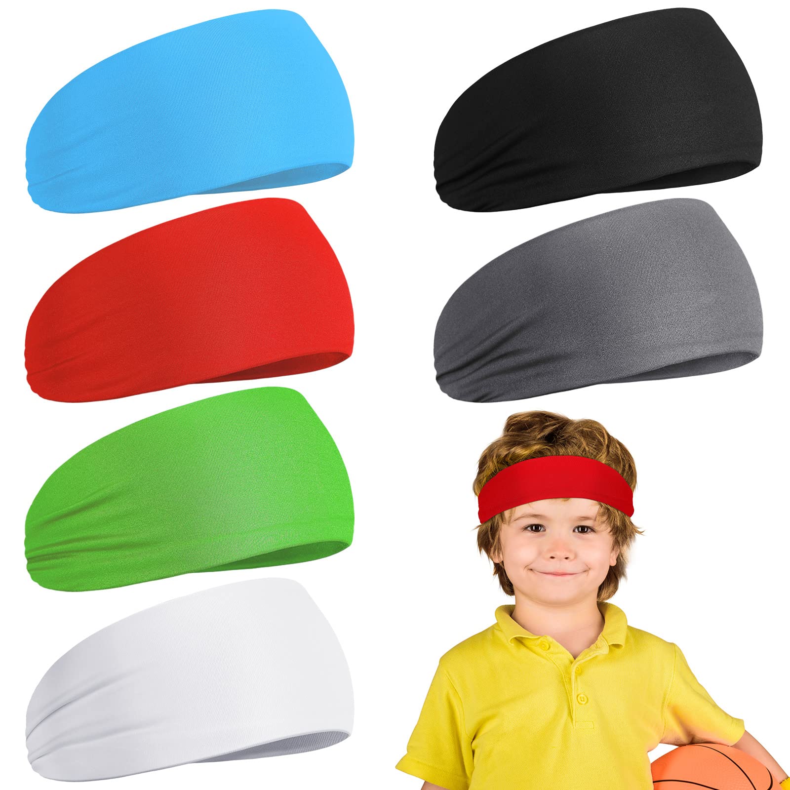 6 Pcs Kids Athletic Sweatbands and Headbands - Elastic Hairbands with Sweat Absorption for Football, Youth Sports, and Active Kids (Multi Colors)