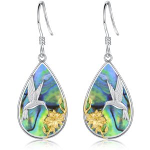 Sterling Silver Teardrop Abalone Earrings for Women Hummingbird/Dragonfly/Tree of Life Drop Dangle Earrings Mother'S Day Christmas Jewelry Gifts (Hummingbird)