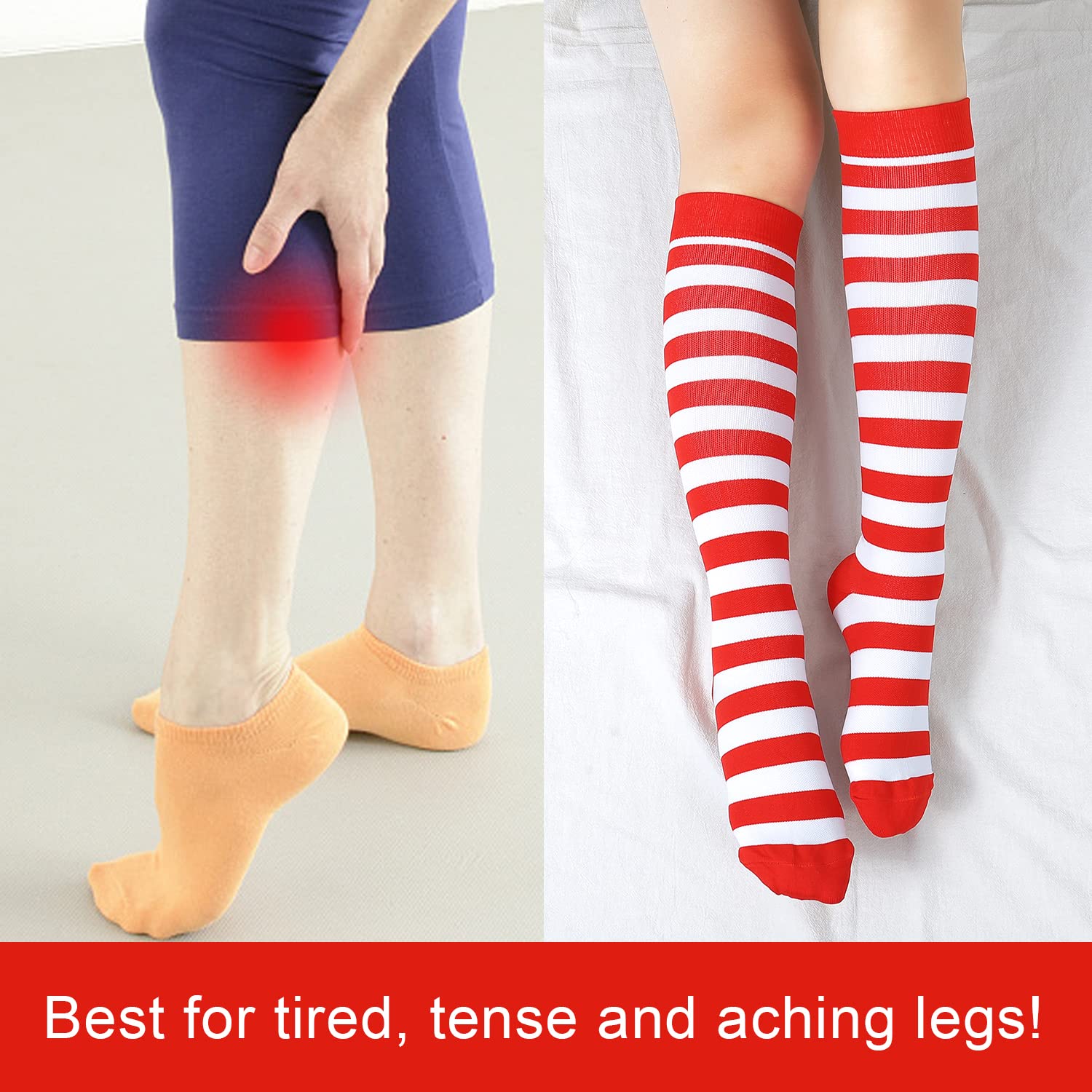 Junely Compression Socks for Women Striped Knee High Stockings for Christmas Halloween Running Nurses Work Support Pregnancy Travel Gifts Red White