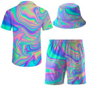 Wdpsuxin Men's 2 Piece Tracksuit Psychedelic Trippy Hawaiian Shirt Shorts Button Down Shirt and Shorts Sets with Bucket Hats Xx-Large