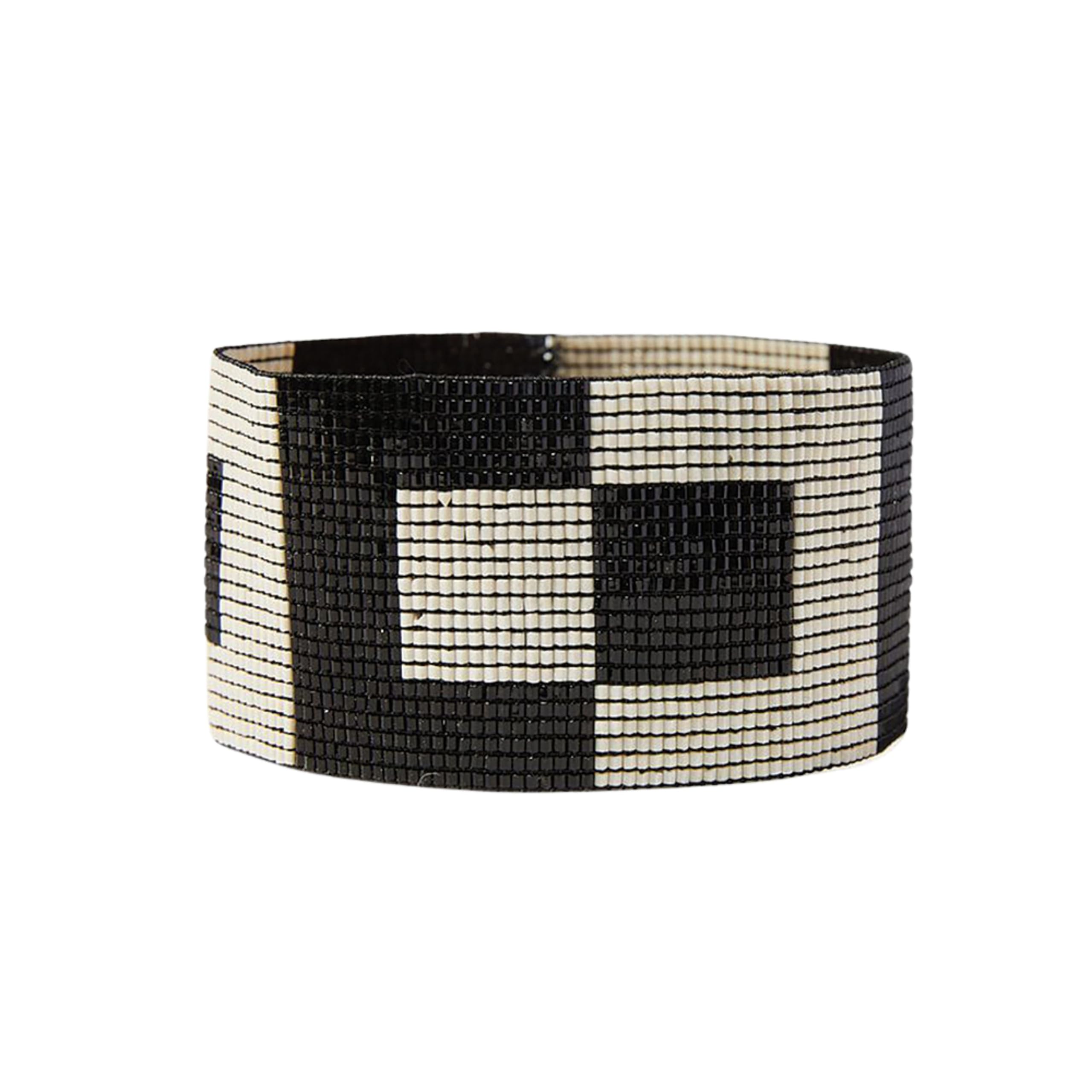 INK + ALLOY Women's Brooklyn Luxe Stretch Beaded Cuff Bracelet Handmade Jewelry for the Modern Bohemian (Black + White Checkered)