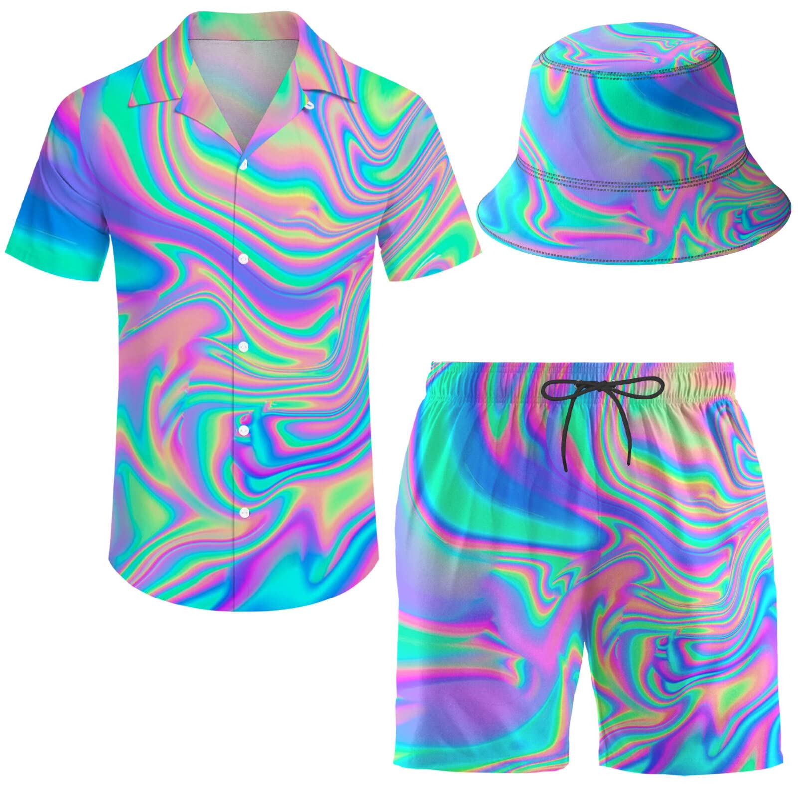 Wdpsuxin Men's 2 Piece Tracksuit Psychedelic Trippy Hawaiian Shirt Shorts Button Down Shirt and Shorts Sets with Bucket Hats Xx-Large