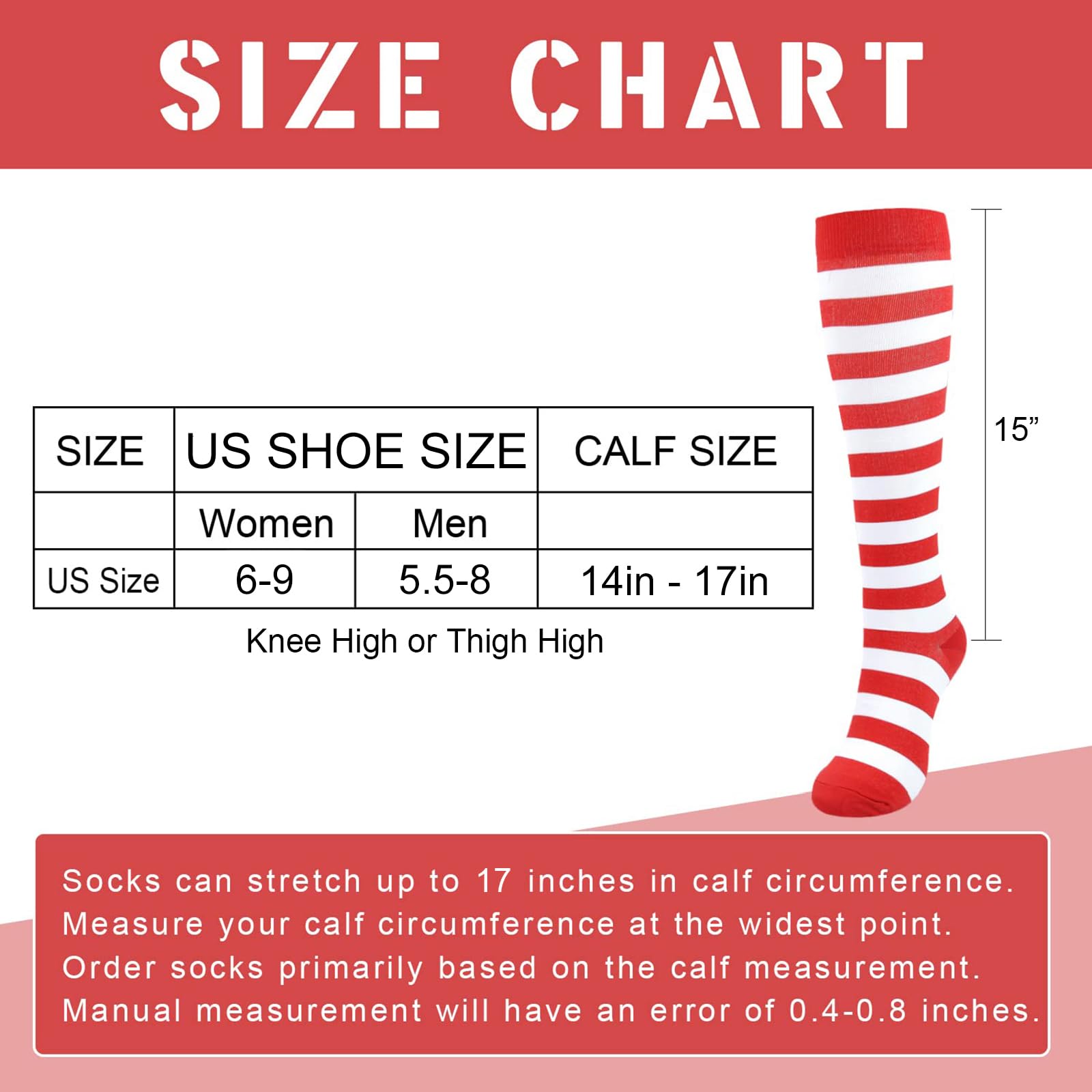 Junely Compression Socks for Women Striped Knee High Stockings for Christmas Halloween Running Nurses Work Support Pregnancy Travel Gifts Red White