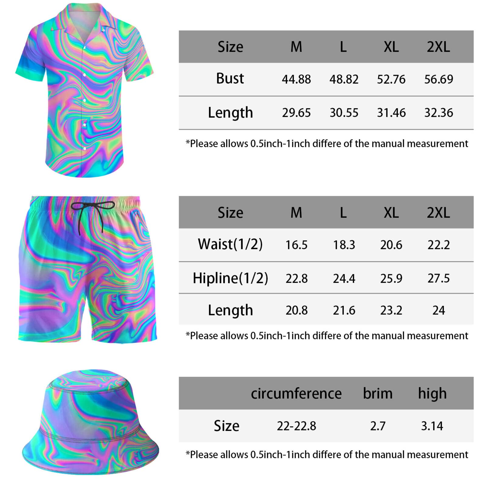 Wdpsuxin Men's 2 Piece Tracksuit Psychedelic Trippy Hawaiian Shirt Shorts Button Down Shirt and Shorts Sets with Bucket Hats X-Large