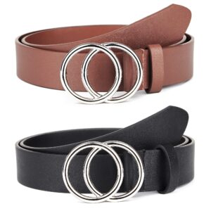 unfader pack 2 women belts for jeans with fashion sliver double o-ring buckle and faux leather