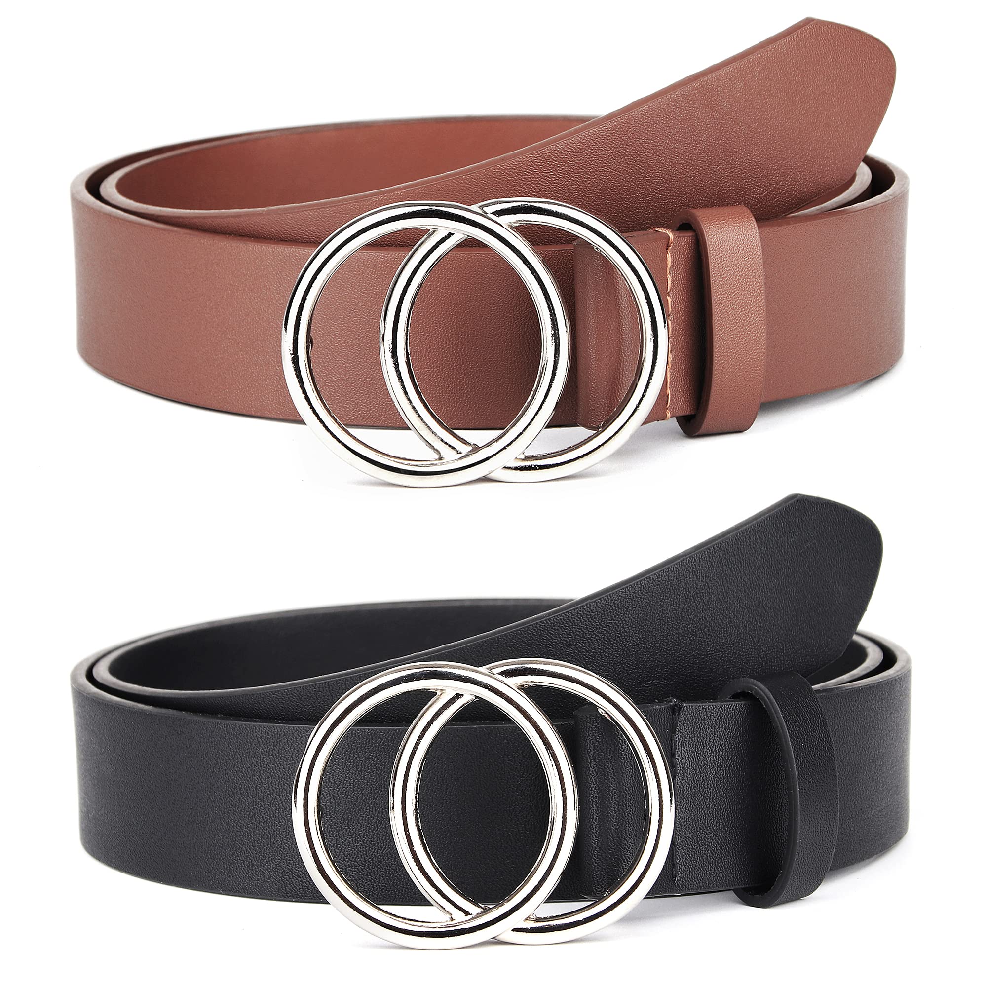 UnFader Pack 2 Women Belts for Jeans with Fashion Sliver Double O-Ring Buckle and Faux Leather