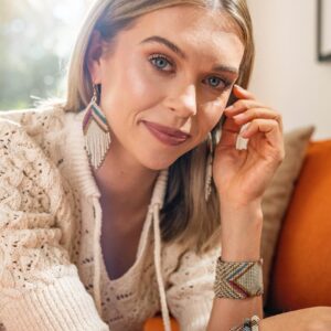 INK+ALLOY Women's Fringe Seed Bead Dangle Earrings Handmade Jewelry for the Modern Bohemian (Ivory Gold Muted Chevron)