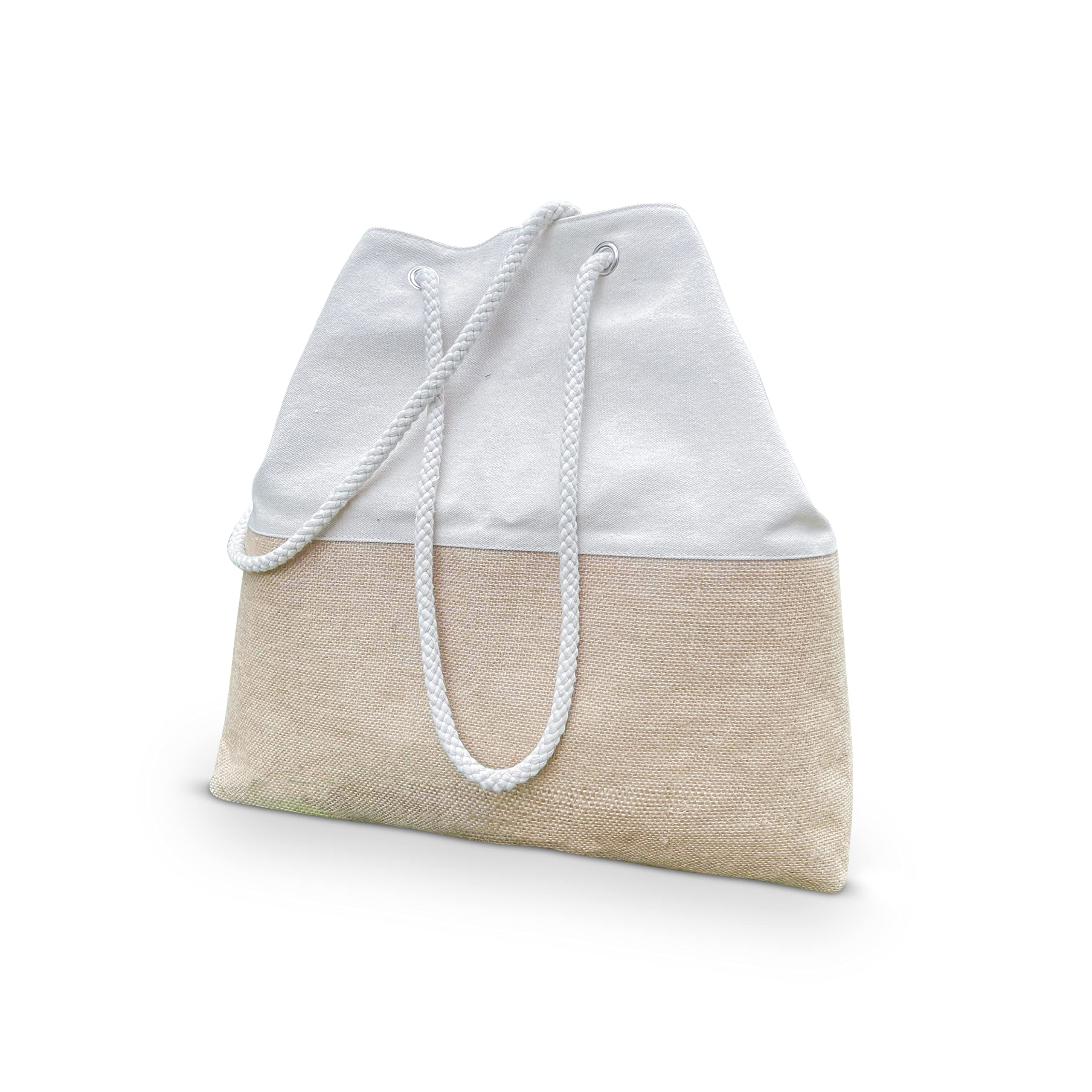 Large Jute Canvas Shoulder Beach Bag | Finely Woven Eco-friendly Canvas and Jute Tote | Cute Summer Pool Bag with an Elegant White Liner and Soft Drawstring | Offered by Hydrangea Island Trading Co